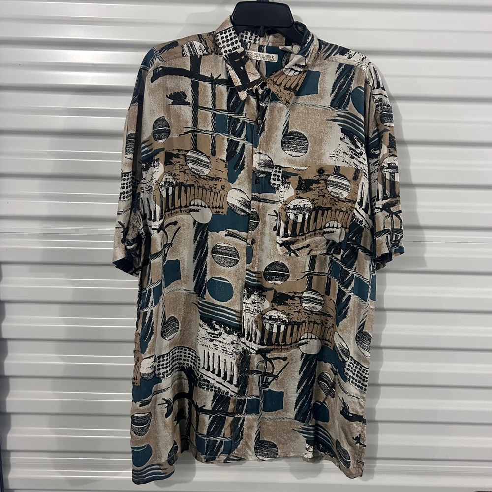 Expressions Worldwide Mens Large 100% Silk Abstract Geometric Button Down Shirt